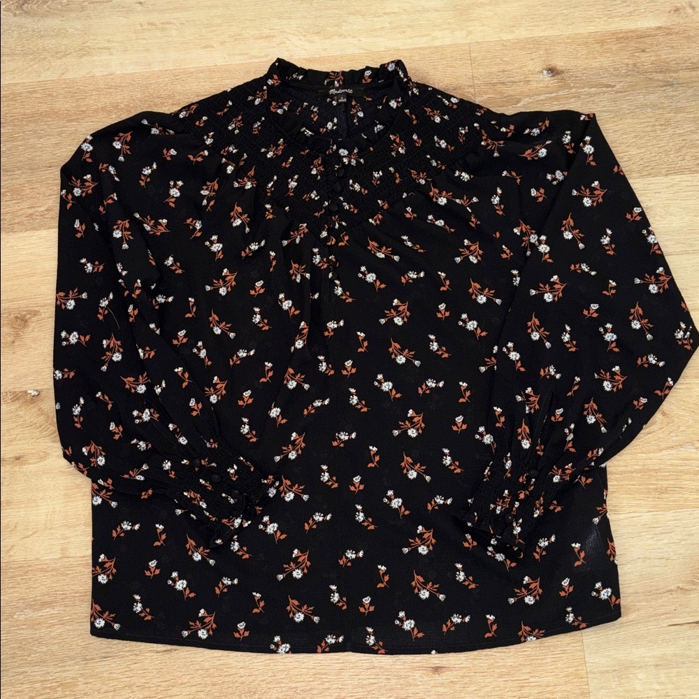 Madewell Embroidered Smockneck Top in Tossed Floral Black & Brown Small - Picture 5 of 9